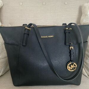 Michael Kors Black Leather Tote with Gold Hardware